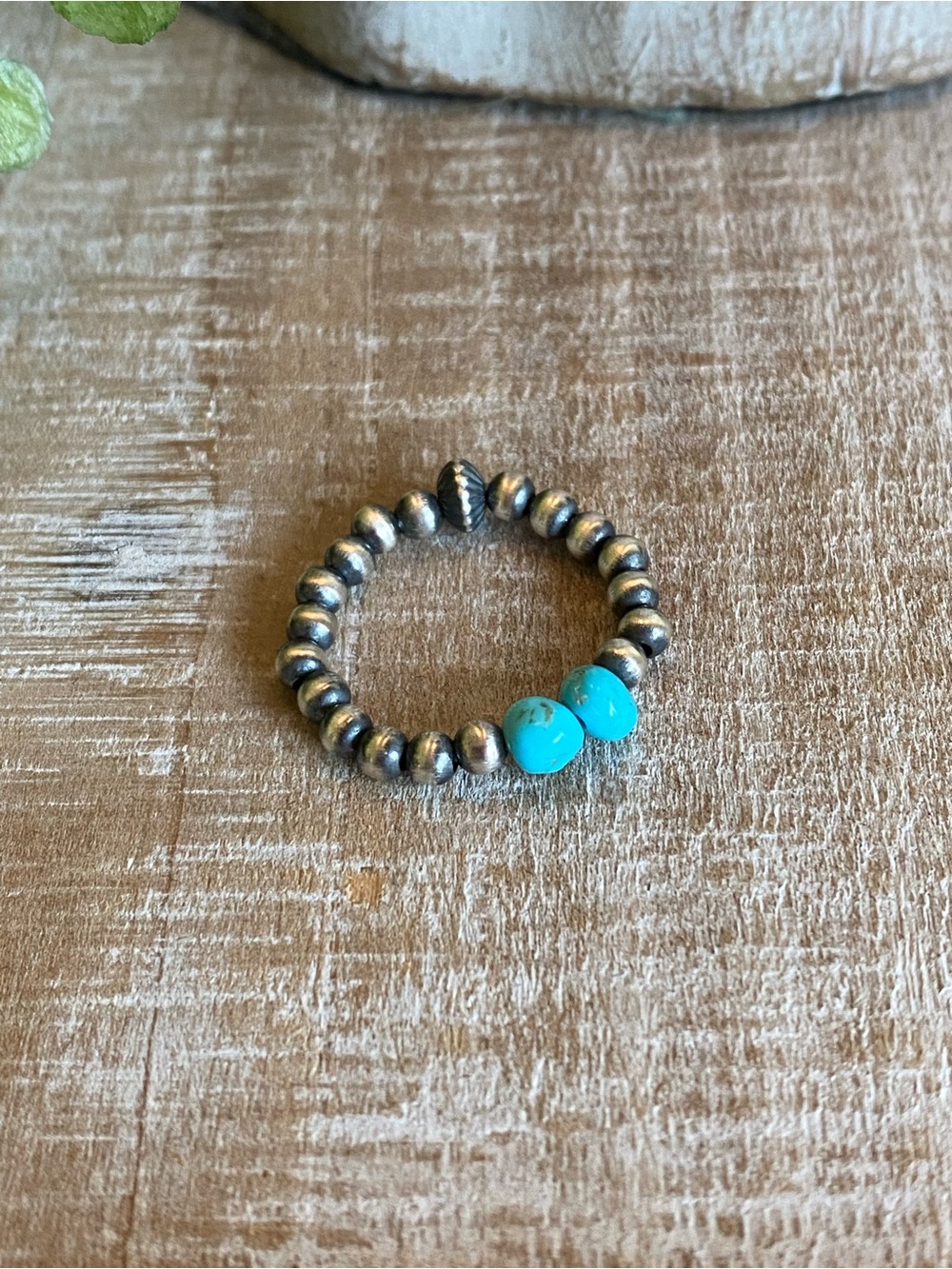 Navajo Kingman Turquoise & sterling silver desert pearls stretch ring sizes 5-8